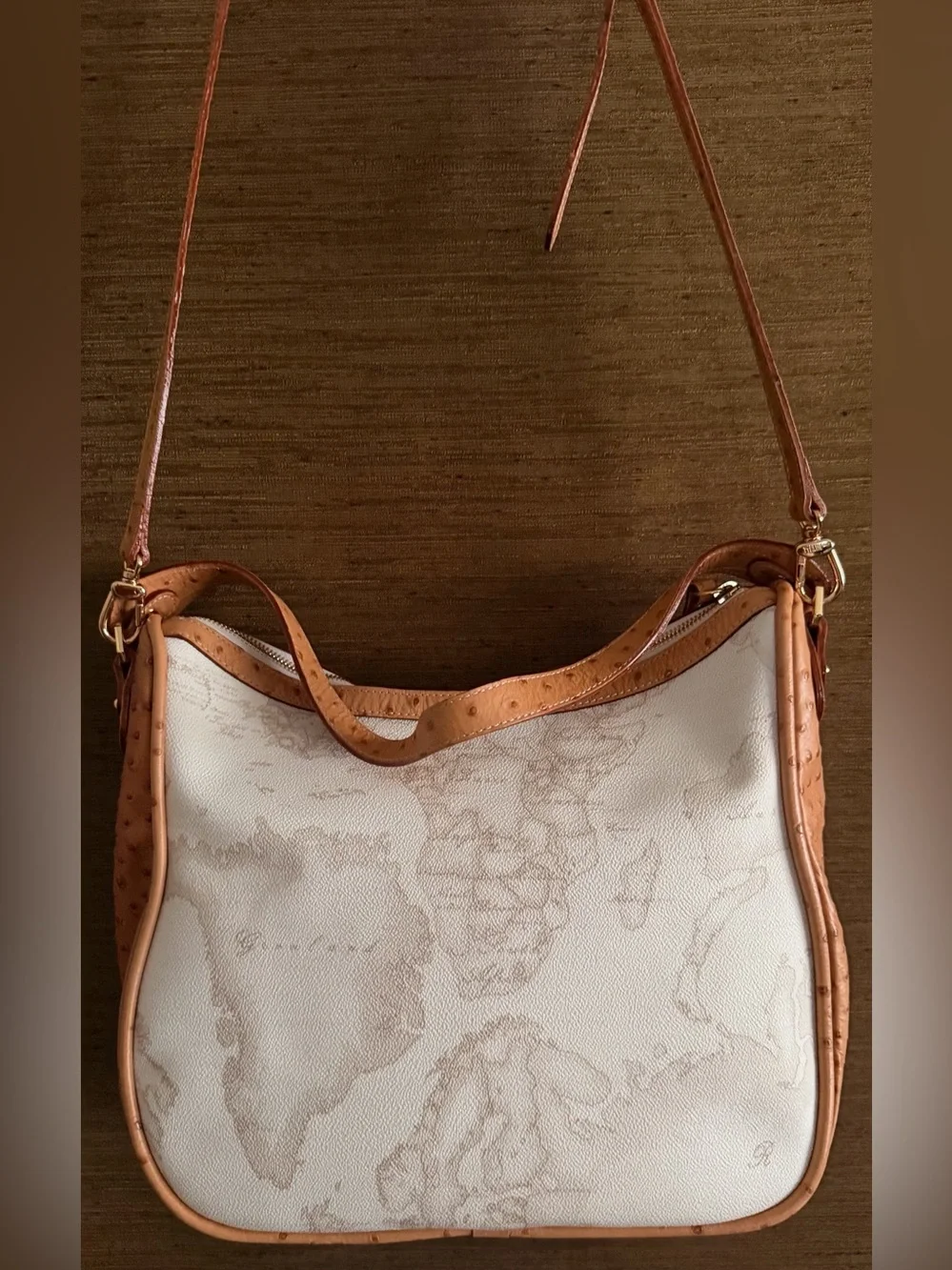 Alviero Martini 1a Classe Geo White Hobo Shoulder Bag Ostrich Trim Map Print